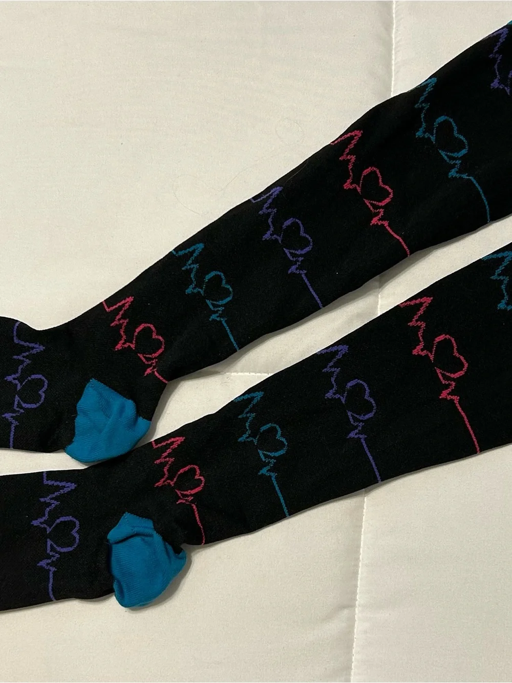 Black Knee-High Compression  Socks with Multicolor Heartbeat Pattern